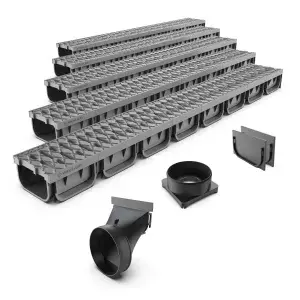 Set 5 ml rigole drenaj PP EASY 2 LN100 Hext.70 gratar PP Gri cu accesorii 5000x125x70 (S08818G-5)